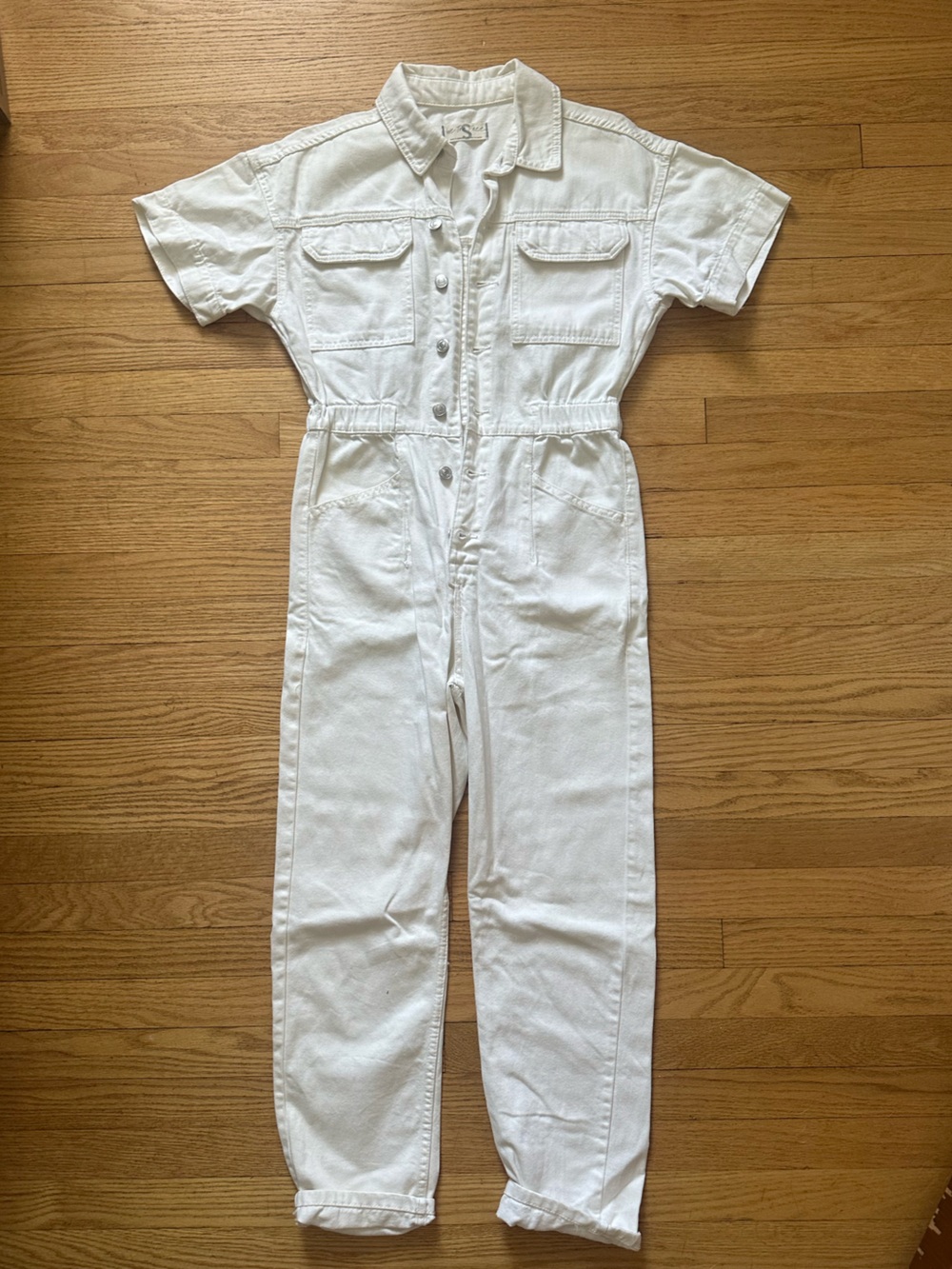 We The Free White Denim Button-Front Jumpsuit
